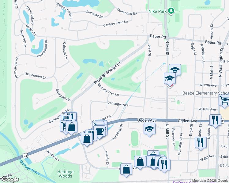 map of restaurants, bars, coffee shops, grocery stores, and more near 1132 Big Foot Lane in Naperville