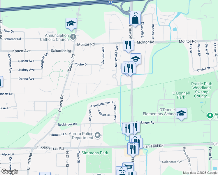 map of restaurants, bars, coffee shops, grocery stores, and more near 1275 Marshall Boulevard in Aurora