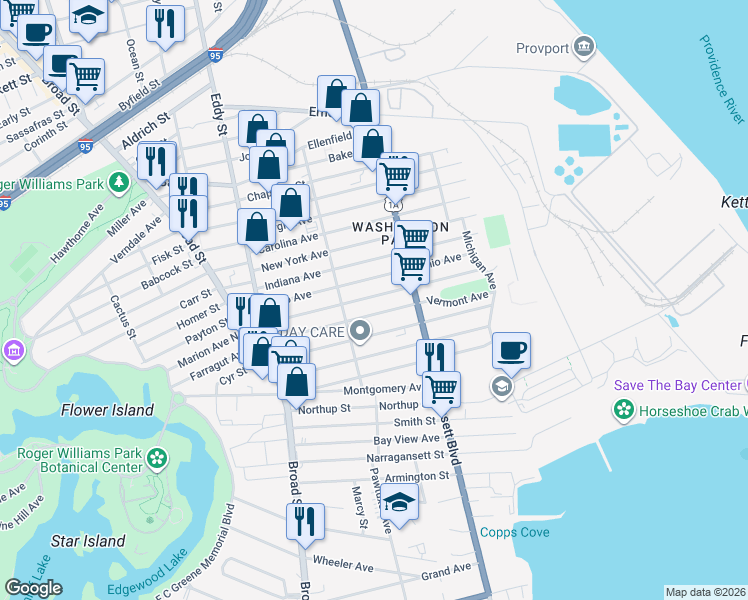 map of restaurants, bars, coffee shops, grocery stores, and more near 223 Vermont Avenue in Providence