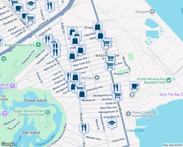 map of restaurants, bars, coffee shops, grocery stores, and more near 260 California Avenue in Providence