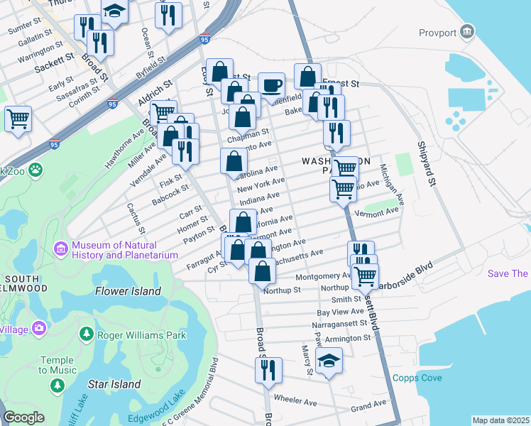 map of restaurants, bars, coffee shops, grocery stores, and more near 299 California Avenue in Providence