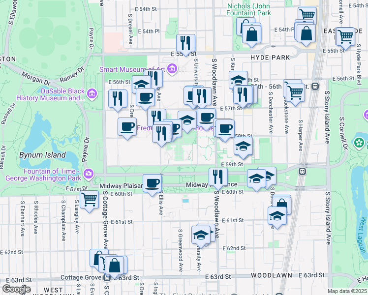 map of restaurants, bars, coffee shops, grocery stores, and more near 5848 South University Avenue in Chicago