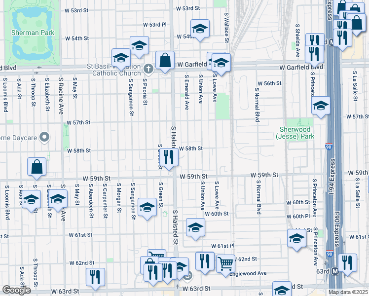 map of restaurants, bars, coffee shops, grocery stores, and more near 5809 South Emerald Avenue in Chicago