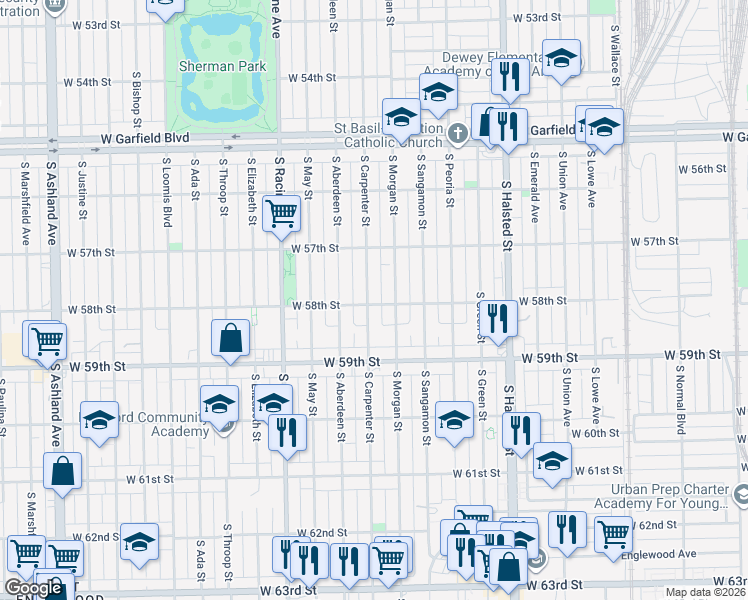 map of restaurants, bars, coffee shops, grocery stores, and more near 5805 South Carpenter Street in Chicago