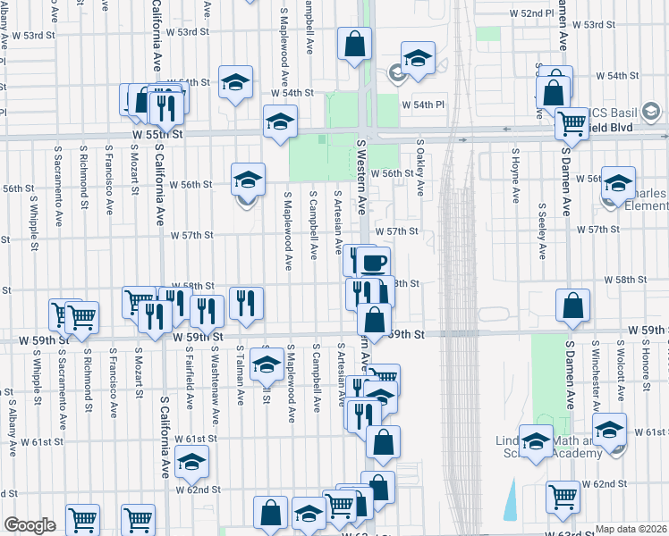 map of restaurants, bars, coffee shops, grocery stores, and more near 5758 South Artesian Avenue in Chicago