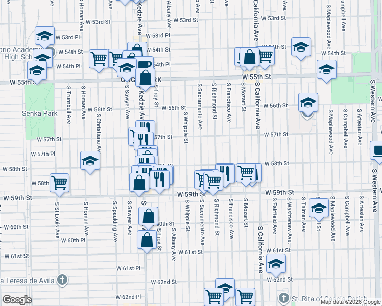 map of restaurants, bars, coffee shops, grocery stores, and more near 5748 South Sacramento Avenue in Chicago