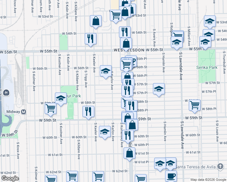 map of restaurants, bars, coffee shops, grocery stores, and more near 4111 West 57th Place in Chicago