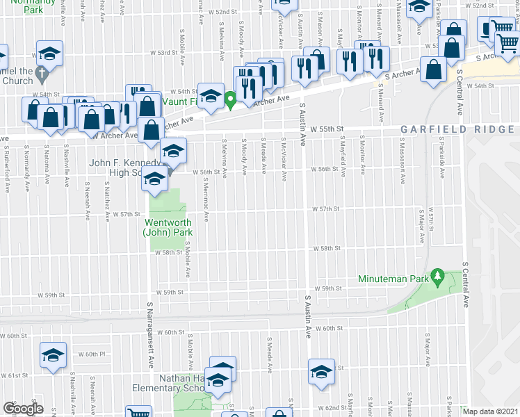 map of restaurants, bars, coffee shops, grocery stores, and more near 5711 South Meade Avenue in Chicago