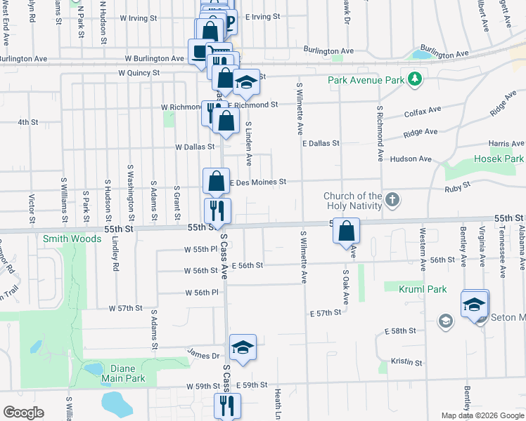 map of restaurants, bars, coffee shops, grocery stores, and more near 50 East 55th Street in Westmont