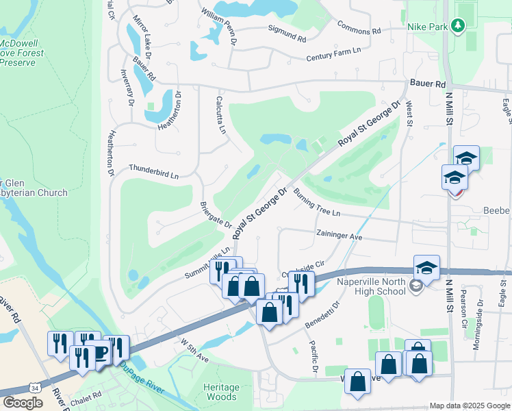 map of restaurants, bars, coffee shops, grocery stores, and more near 1033 Royal Saint George Drive in Naperville