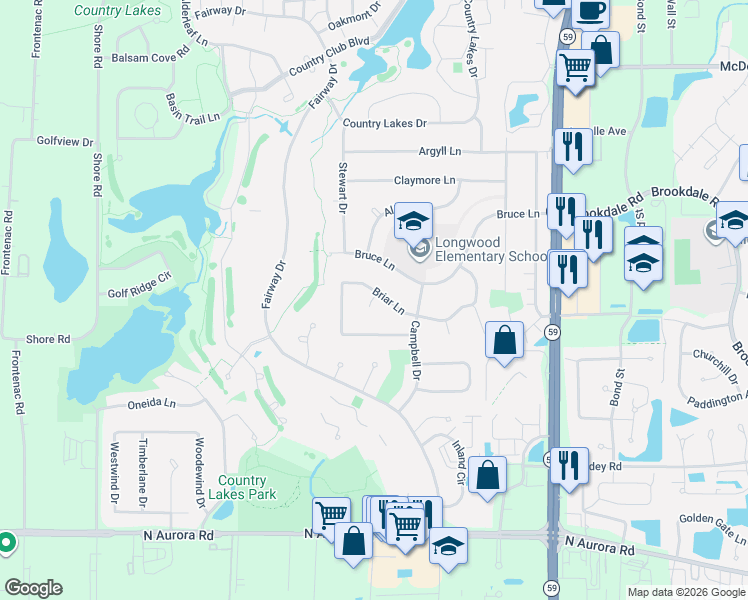 map of restaurants, bars, coffee shops, grocery stores, and more near 5S531 Bonnie Court in Naperville