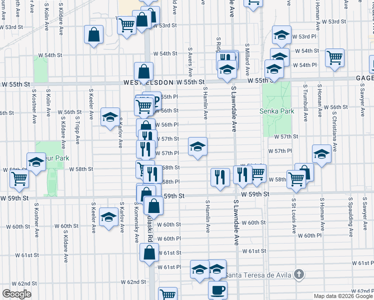 map of restaurants, bars, coffee shops, grocery stores, and more near 3842 West 57th Place in Chicago