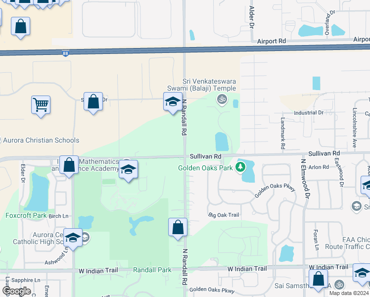 map of restaurants, bars, coffee shops, grocery stores, and more near 1674 North Randall Road in Aurora
