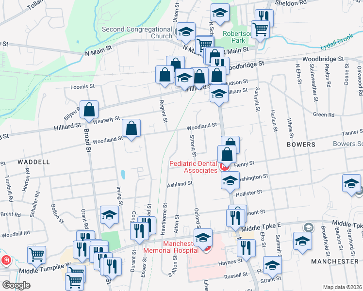 map of restaurants, bars, coffee shops, grocery stores, and more near 171 Hawthorne Street in Manchester