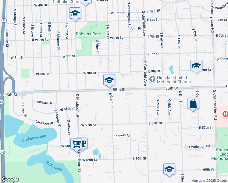 map of restaurants, bars, coffee shops, grocery stores, and more near 5500 South Grant Street in Hinsdale