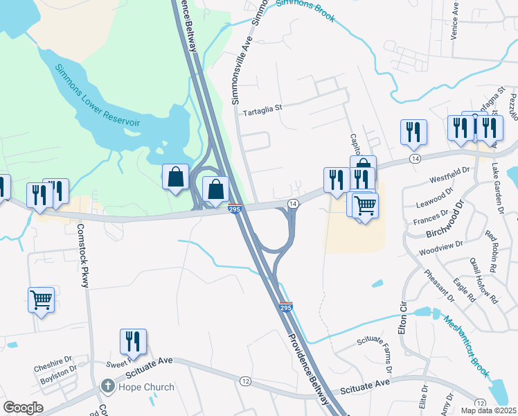map of restaurants, bars, coffee shops, grocery stores, and more near Plainfield Pike & Simmonsville Ave in Johnston