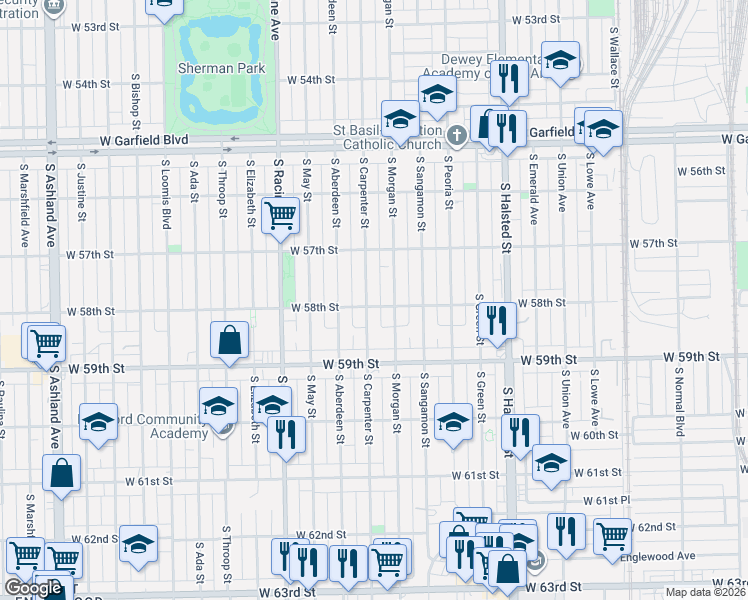 map of restaurants, bars, coffee shops, grocery stores, and more near 5805 South Carpenter Street in Chicago