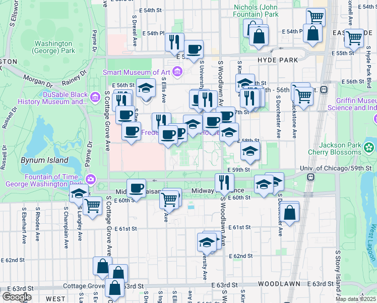 map of restaurants, bars, coffee shops, grocery stores, and more near 1101 East 58th Street in Chicago