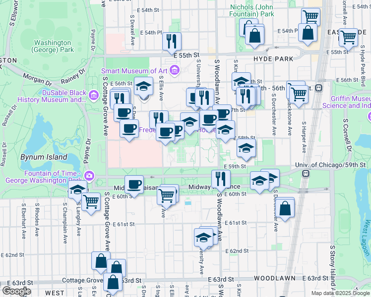 map of restaurants, bars, coffee shops, grocery stores, and more near 1101 East 58th Street in Chicago