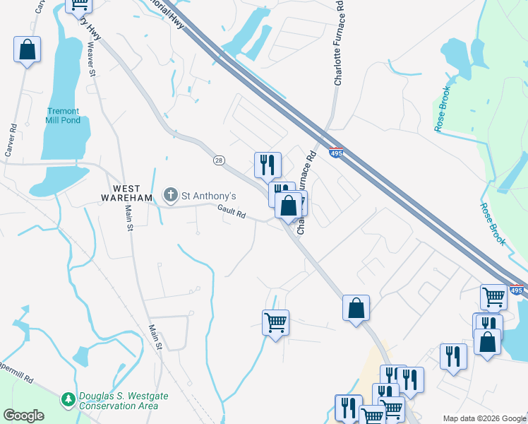 map of restaurants, bars, coffee shops, grocery stores, and more near 1 Gault Road in Wareham