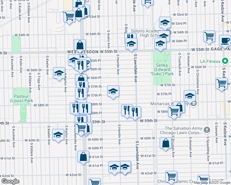 map of restaurants, bars, coffee shops, grocery stores, and more near 3808 West 57th Place in Chicago