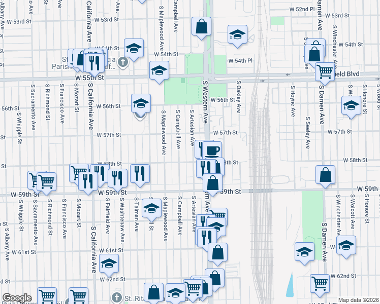 map of restaurants, bars, coffee shops, grocery stores, and more near 5740 South Artesian Avenue in Chicago