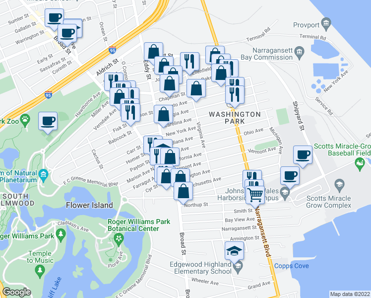 map of restaurants, bars, coffee shops, grocery stores, and more near 299 California Avenue in Providence
