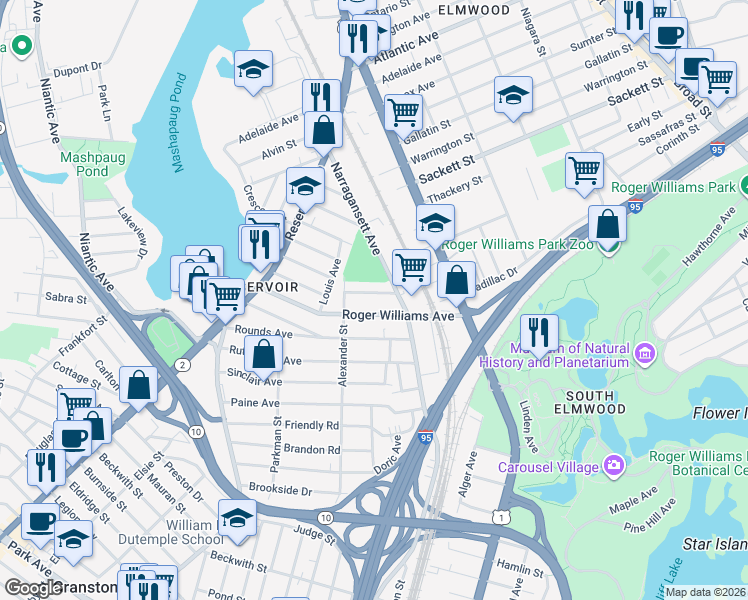 map of restaurants, bars, coffee shops, grocery stores, and more near 154 Roger Williams Avenue in Providence