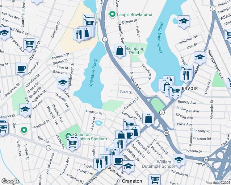 map of restaurants, bars, coffee shops, grocery stores, and more near 149 Pleasant Street in Cranston