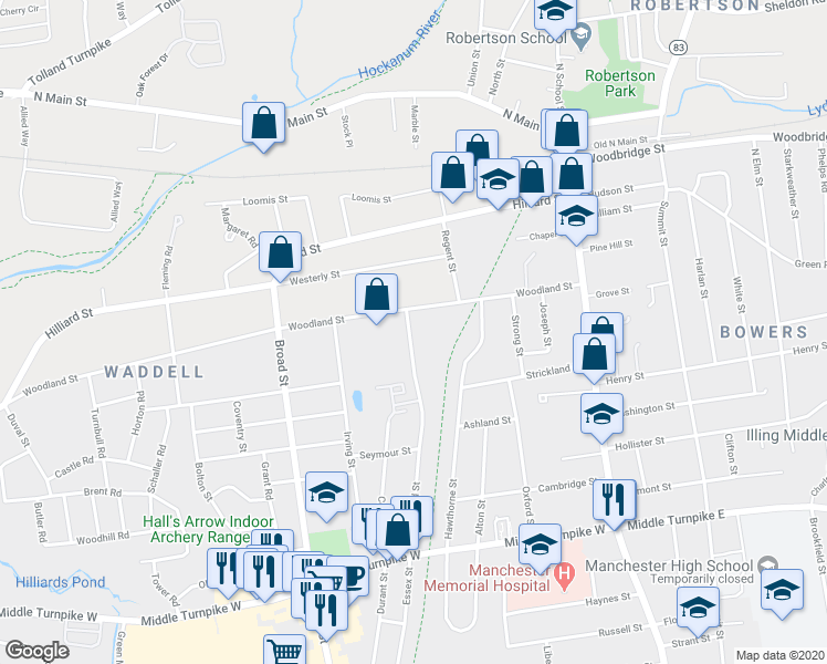 map of restaurants, bars, coffee shops, grocery stores, and more near 182 Homestead Street in Manchester