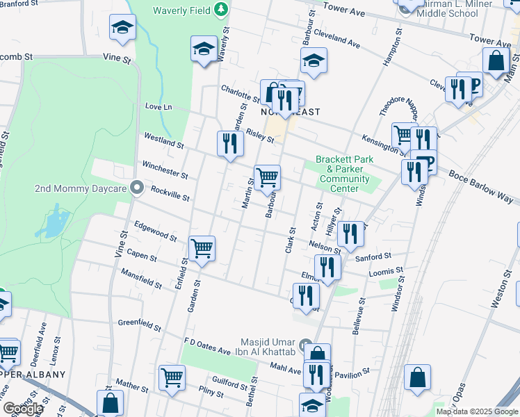 map of restaurants, bars, coffee shops, grocery stores, and more near 110 Martin Street in Hartford