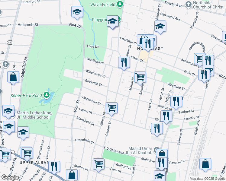 map of restaurants, bars, coffee shops, grocery stores, and more near 651 Garden Street in Hartford