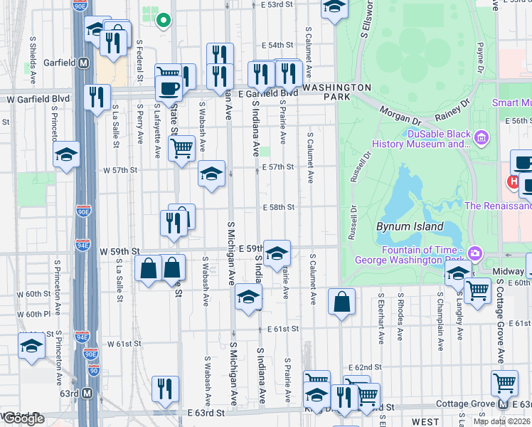 map of restaurants, bars, coffee shops, grocery stores, and more near 5819 South Prairie Avenue in Chicago