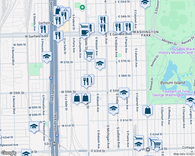 map of restaurants, bars, coffee shops, grocery stores, and more near 5824 South Wabash Avenue in Chicago