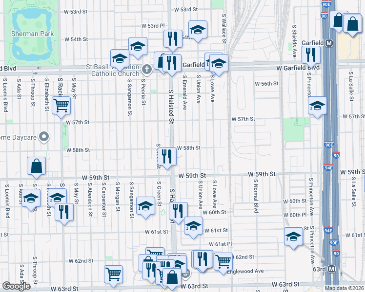 map of restaurants, bars, coffee shops, grocery stores, and more near 5809 South Emerald Avenue in Chicago