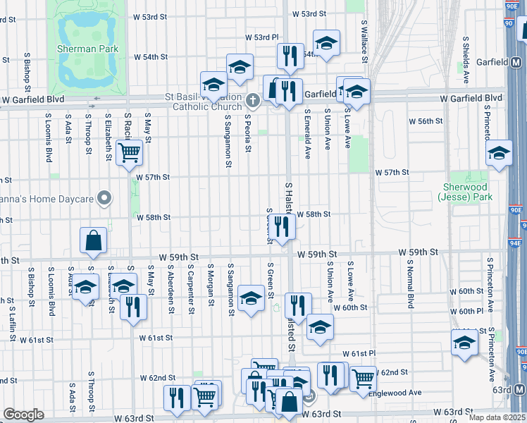 map of restaurants, bars, coffee shops, grocery stores, and more near 5808 South Green Street in Chicago