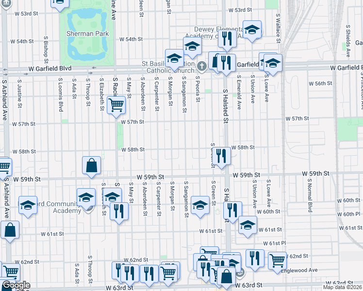 map of restaurants, bars, coffee shops, grocery stores, and more near 5805 South Morgan Street in Chicago