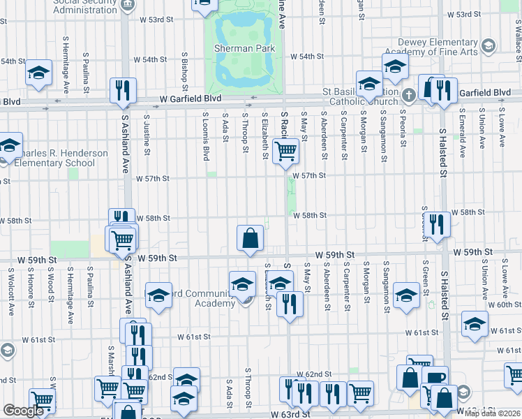 map of restaurants, bars, coffee shops, grocery stores, and more near 5803 South Throop Street in Chicago