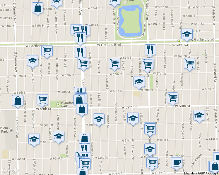 map of restaurants, bars, coffee shops, grocery stores, and more near 5800 South Loomis Boulevard in Chicago