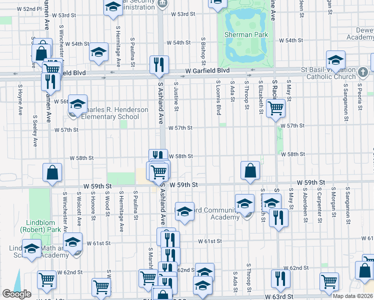 map of restaurants, bars, coffee shops, grocery stores, and more near 5748 South Laflin Street in Chicago