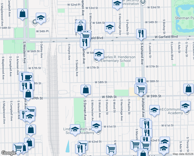 map of restaurants, bars, coffee shops, grocery stores, and more near 5800 South Wolcott Avenue in Chicago