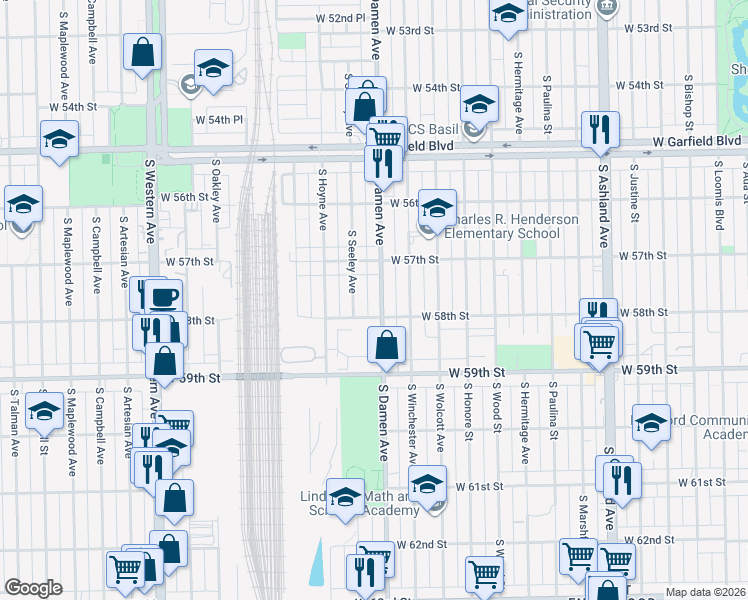 map of restaurants, bars, coffee shops, grocery stores, and more near 5755 South Seeley Avenue in Chicago