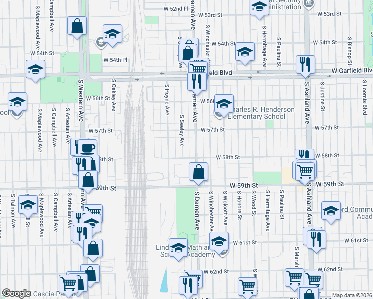 map of restaurants, bars, coffee shops, grocery stores, and more near 5755 South Seeley Avenue in Chicago