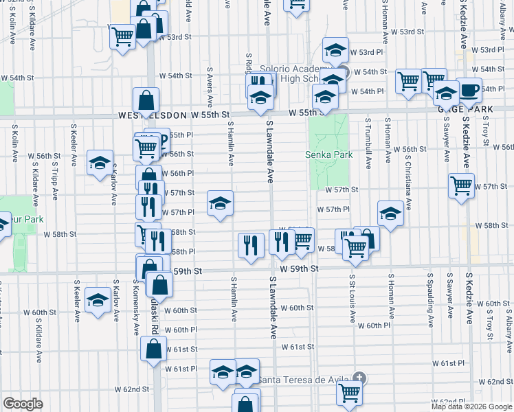 map of restaurants, bars, coffee shops, grocery stores, and more near 3733 West 57th Place in Chicago