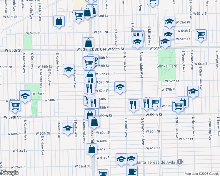 map of restaurants, bars, coffee shops, grocery stores, and more near 3842 West 57th Place in Chicago
