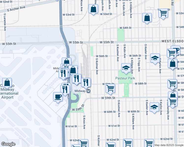 map of restaurants, bars, coffee shops, grocery stores, and more near 5518 South Cicero Avenue in Chicago