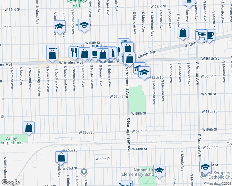 map of restaurants, bars, coffee shops, grocery stores, and more near 5700 South Nagle Avenue in Chicago