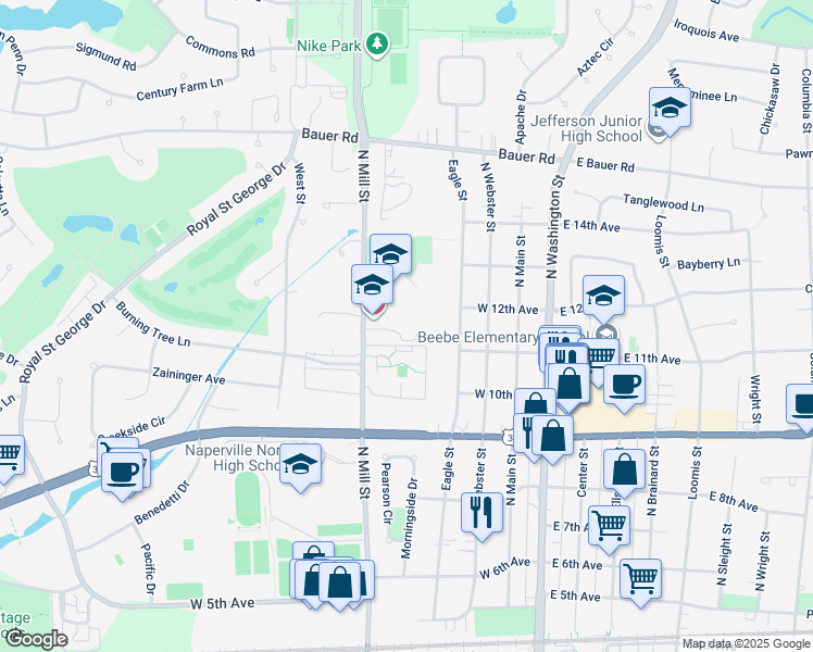 map of restaurants, bars, coffee shops, grocery stores, and more near 1104 North Mill Street in Naperville