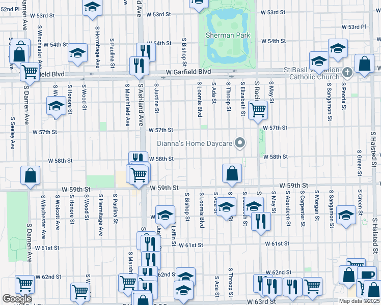 map of restaurants, bars, coffee shops, grocery stores, and more near 5800 South Loomis Boulevard in Chicago