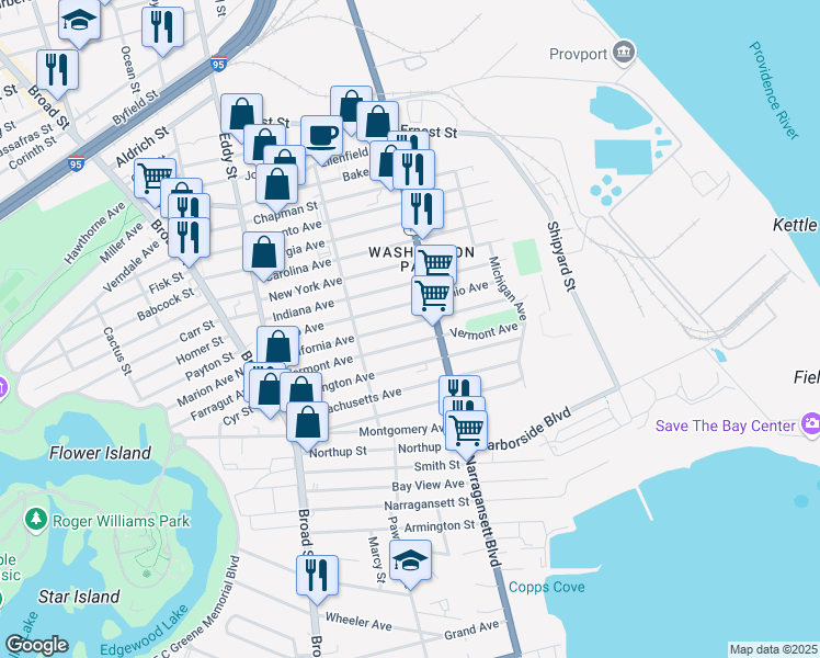 map of restaurants, bars, coffee shops, grocery stores, and more near 186 California Avenue in Providence